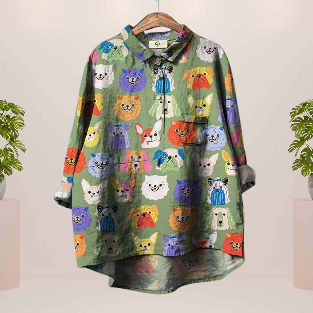 Freya™ | Playful shirt with dog motif and button closure