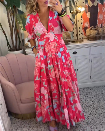 Reagan - V-Neck Short Sleeve Floral Maxi Dress