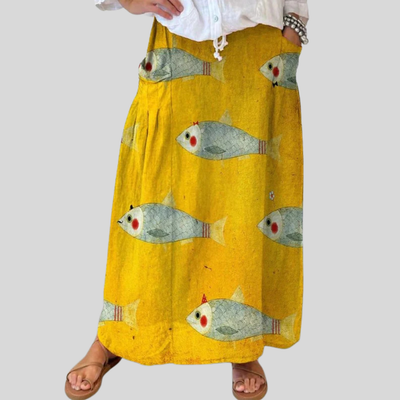 Women's Vintage Fish Art Print Linen Pocket Skirt