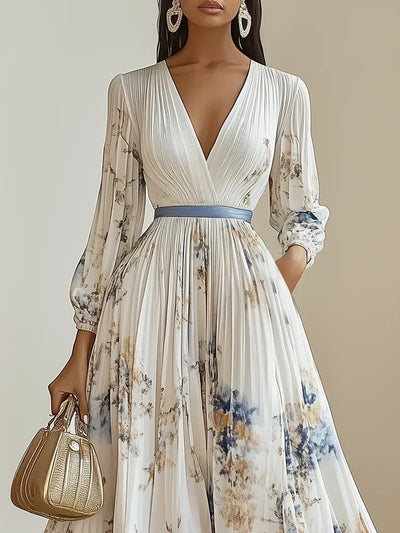 Halston - Elegant V-Neck Puff Sleeves Maxi Dress