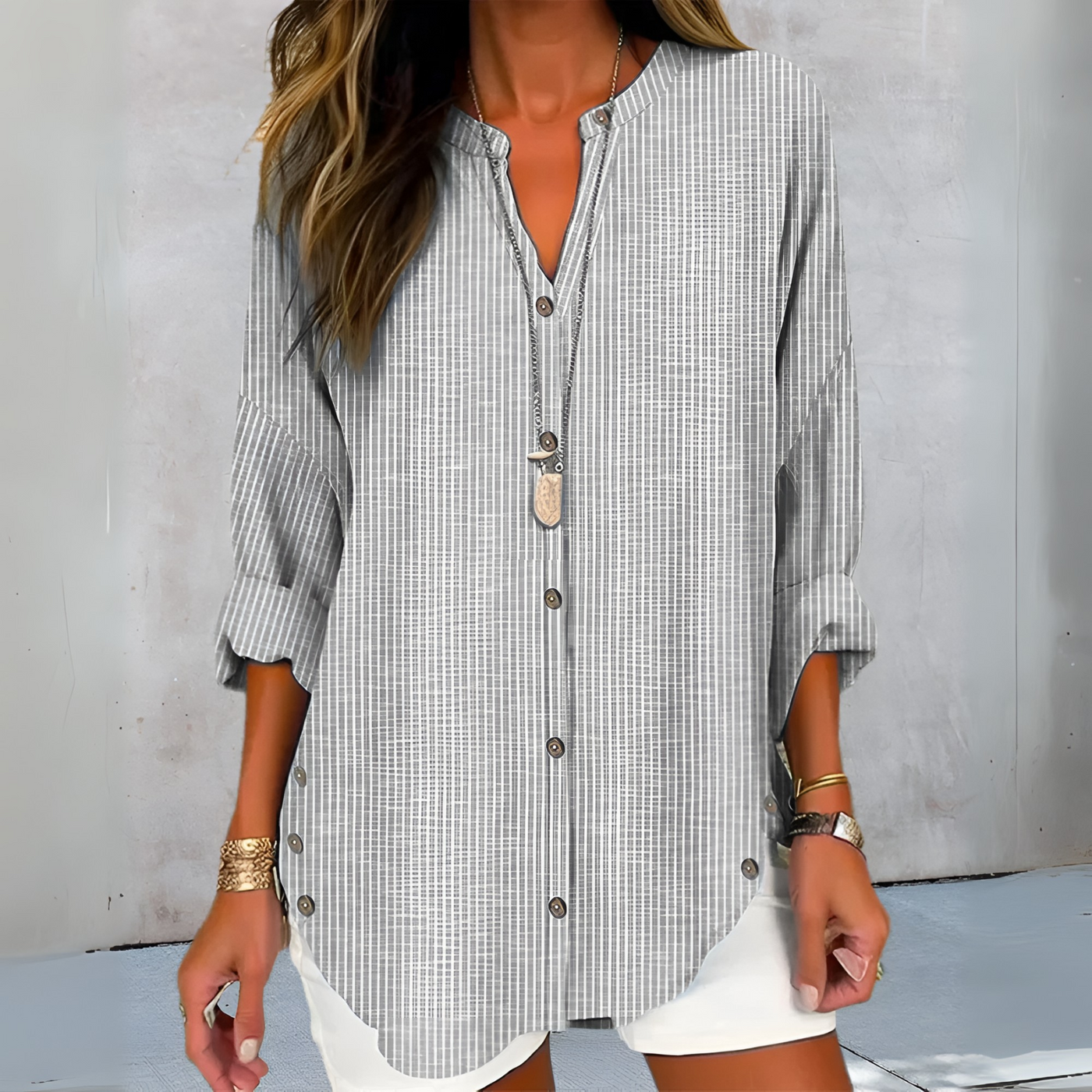 Lucida - Elegant V-Neck Blouse with Timeless Stripe Pattern