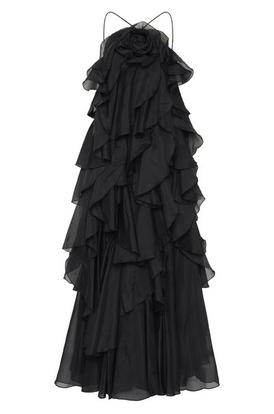 Nephele - Long Halter Ruffle Cocktail Dress