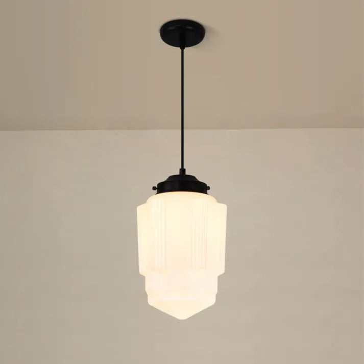 Vintage White Frosted Glass Geometric Jar Pendant Light
