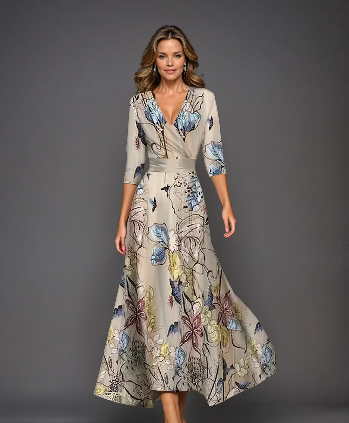 Emily - Printed High Waist Midi Dress with Mid Sleeves